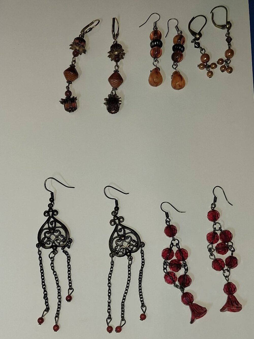 Set of 5 Vintage Dangling Earrings Red & Orange Tones